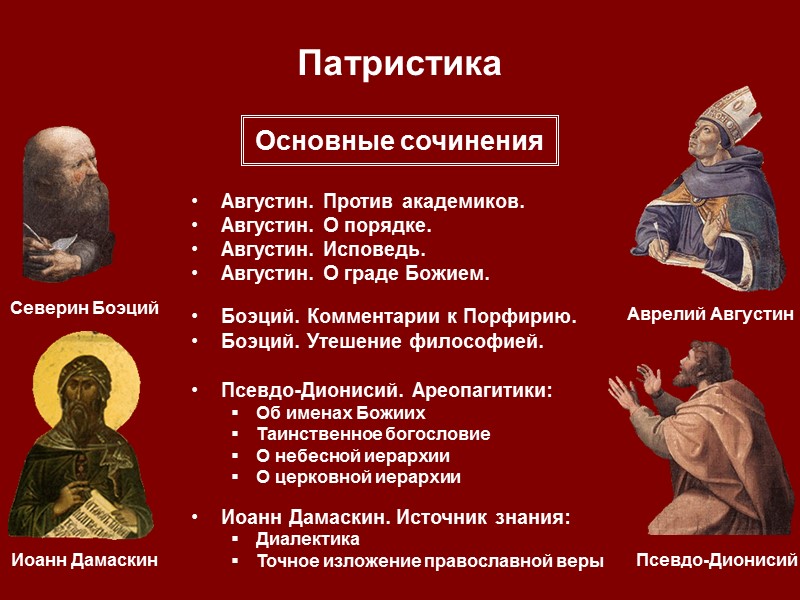Патристика Августин. Против академиков. Августин. О порядке. Августин. Исповедь. Августин. О граде Божием. 